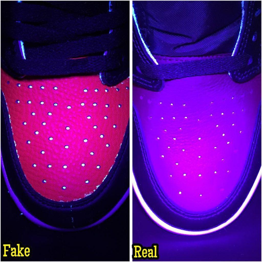 aj1 bred toe real fake toeboxUV
